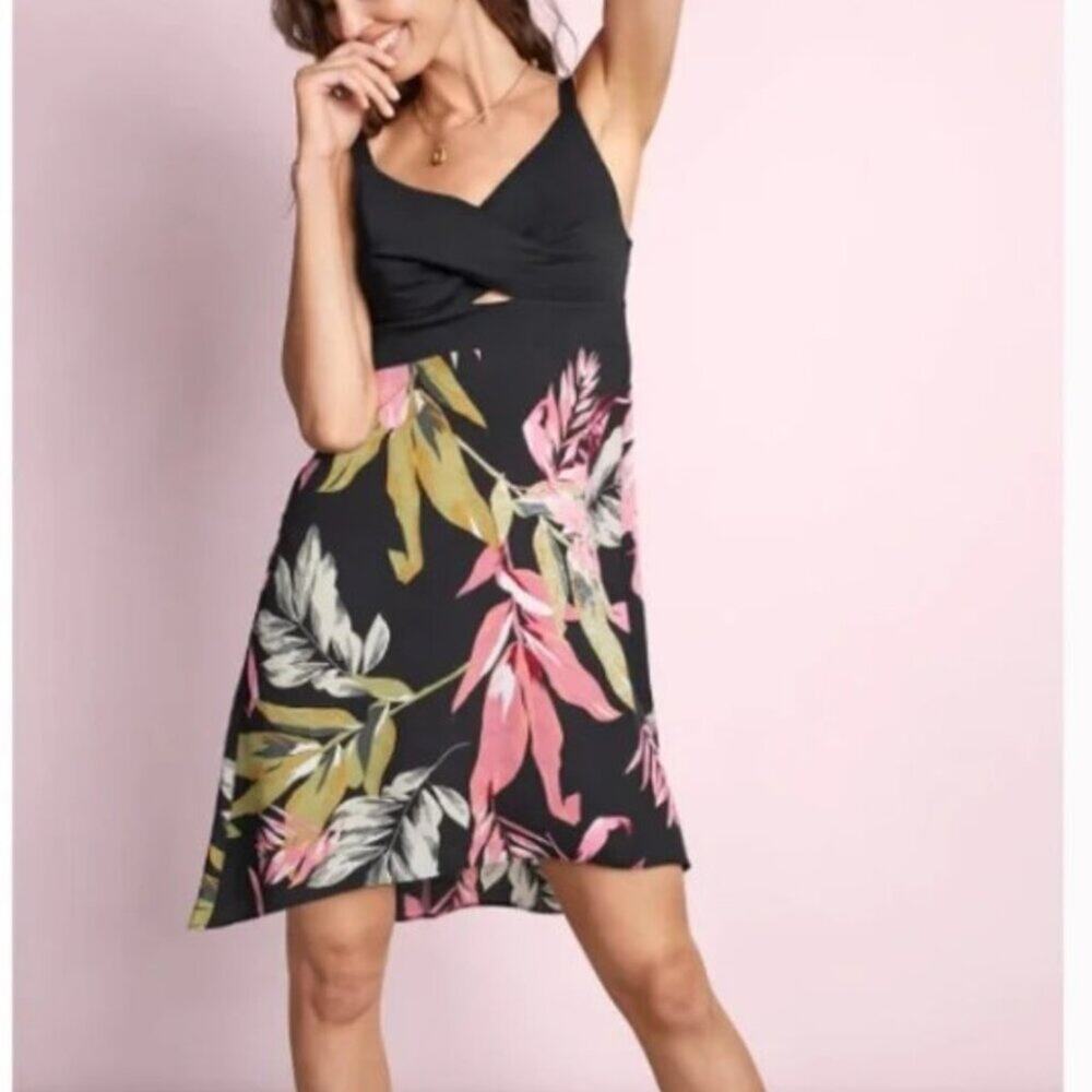 CAbi Beach Club Dress Floral Tropical Resortwear Sundress Black Pink Vacation